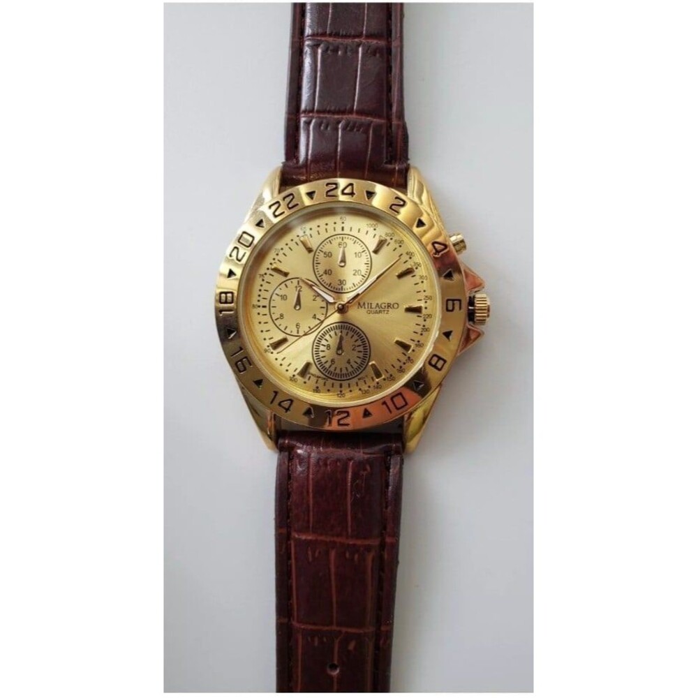 Milagro Quartz Gold Tone Dial 40 mm Case Brown Faux Leather Band Watch 9 Inch